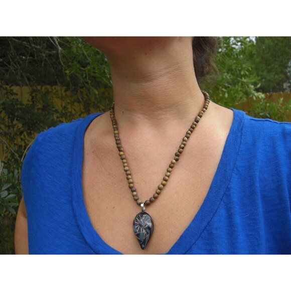 Handblown Glass Pendant On 20” Wooden Bead Necklace Boho Style Artisan Made 2008 - Picture 16 of 16